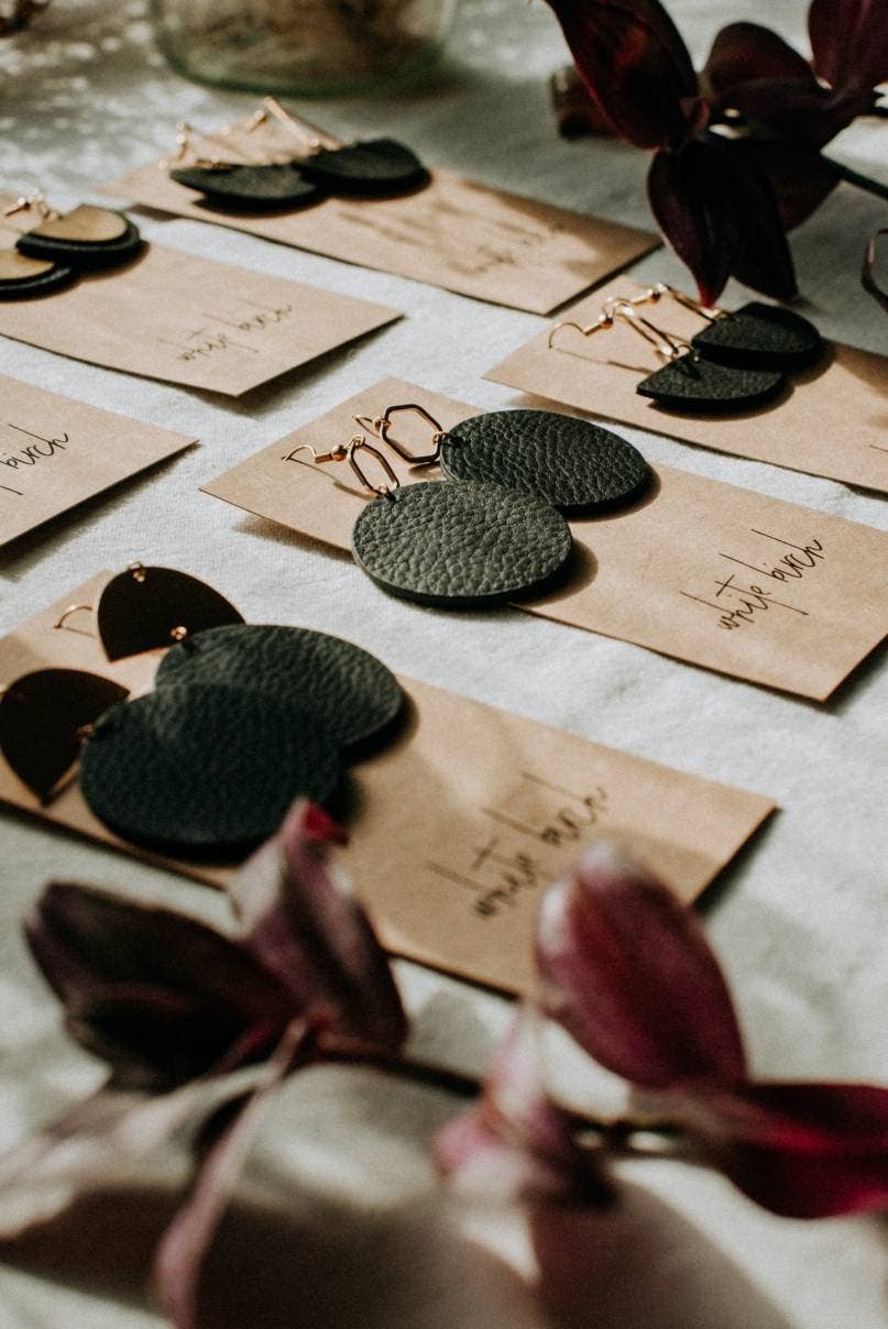 Black Leather Disc & Brass Circle Earrings: Raw Brass Hooks
