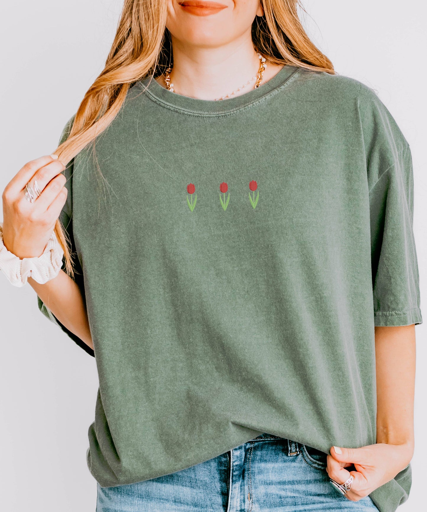 Embroidered Tulip Spring Shirt Women Comfort Colors : Bay / Small