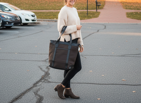 Vareen Black & Brown Genuine Leather Fabric Tote Bag Laptop