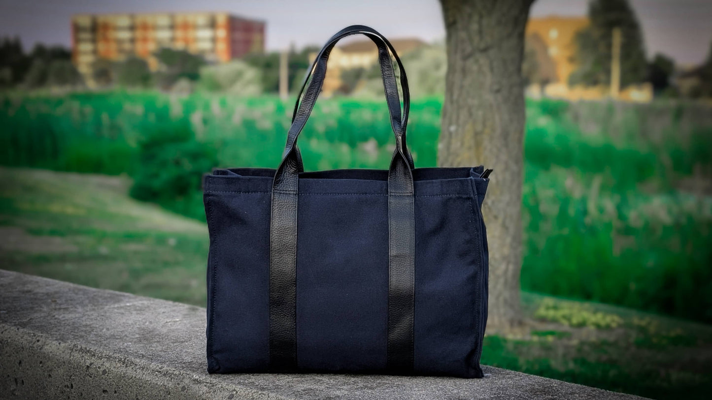 Norli Blue & Black Genuine Leather & Fabric Tote Bag