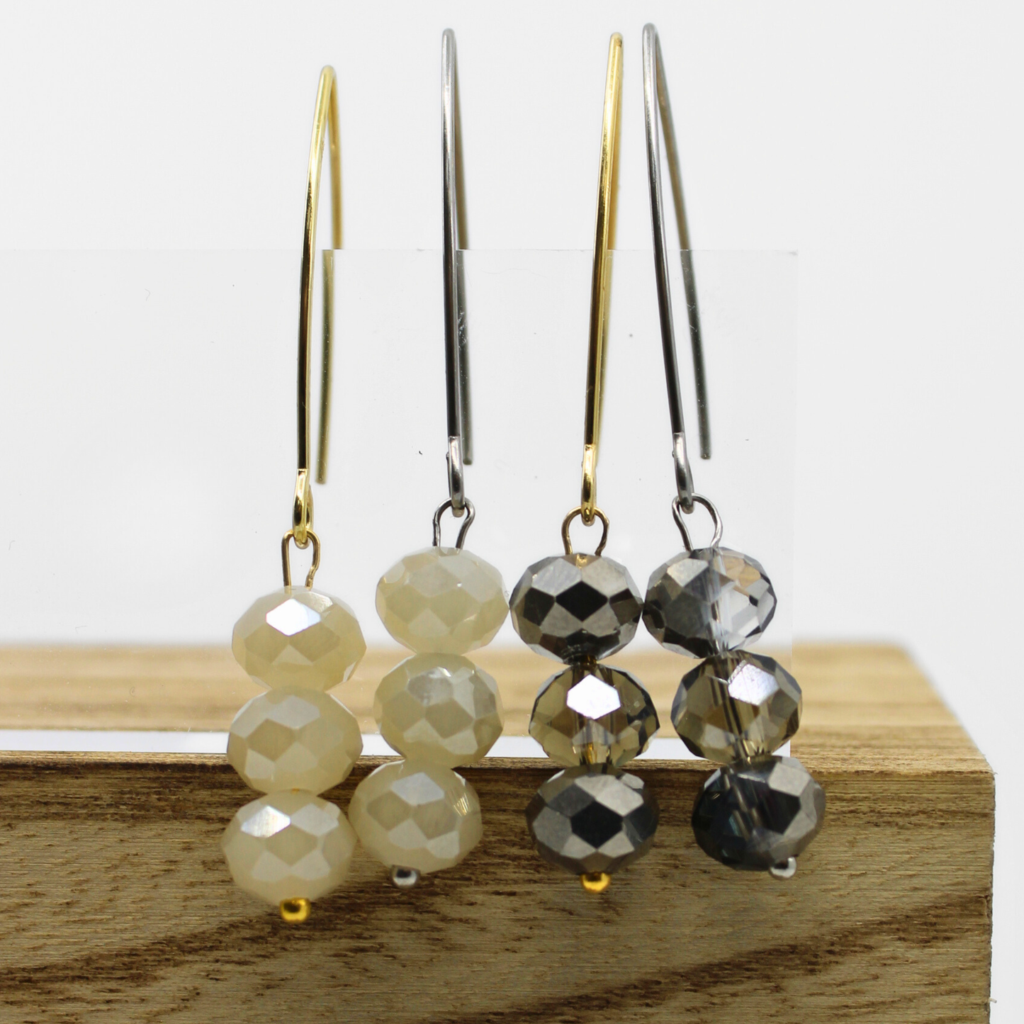 CRYSTAL TRIO | Drop Earrings: Pewter / Gold