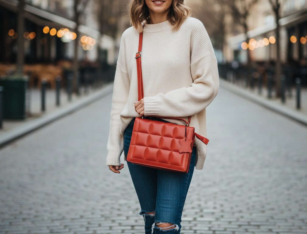 Genuine Leather Ladies Sling / Crossbody Bag - Red (Bloom)