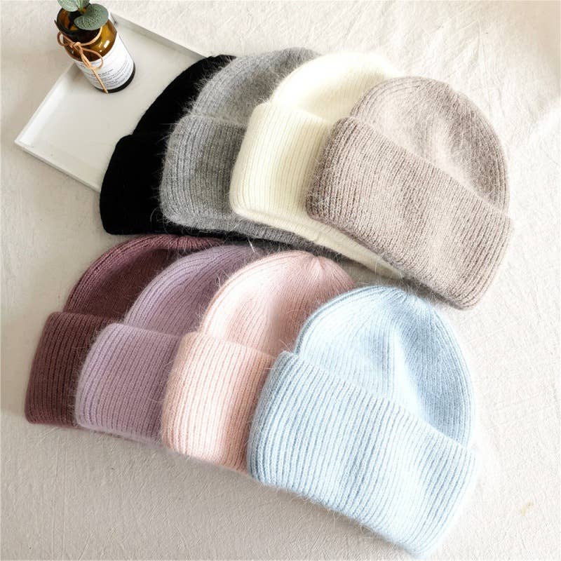 Warm Beanie Hats Solid color furry beanie for adult: White
