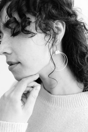 Distressed Brown Leather & Brass Circles Earrings: Brass