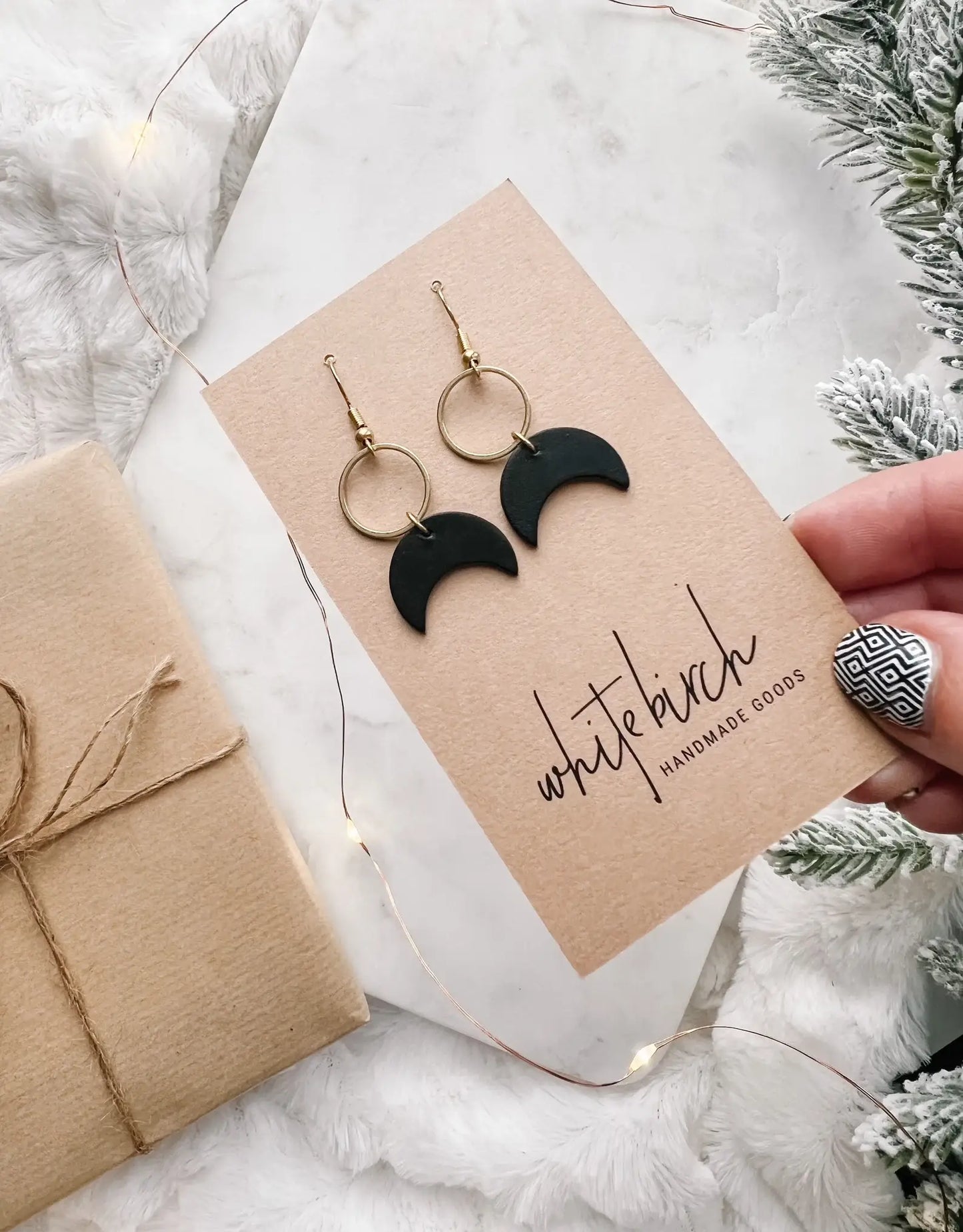 Black Leather Moon & Brass Ring Earrings: Raw Brass Hooks