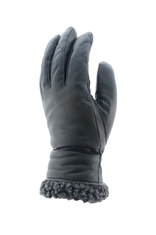 Adult Women's Berber Cuff Black Leather Gloves: Black / Large