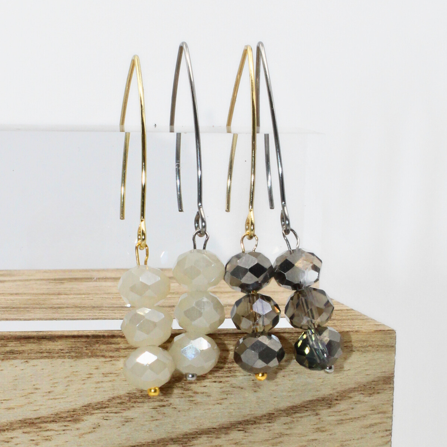 CRYSTAL TRIO | Drop Earrings: Pewter / Gold