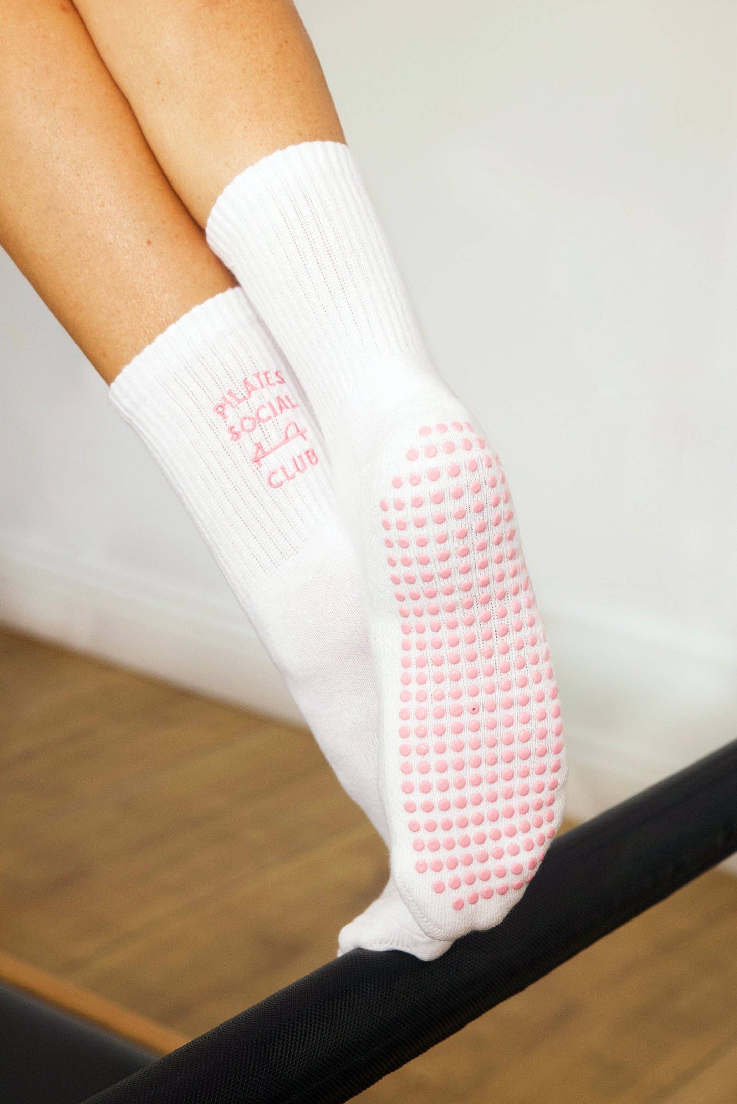 Pilates Social Club Grip Crew Socks: White / One Size