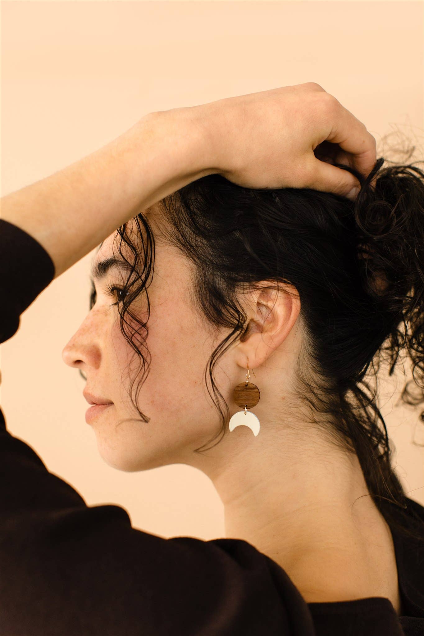 Cream Leather Moon & Walnut Wood Circle Dangle Earrings: Raw Brass