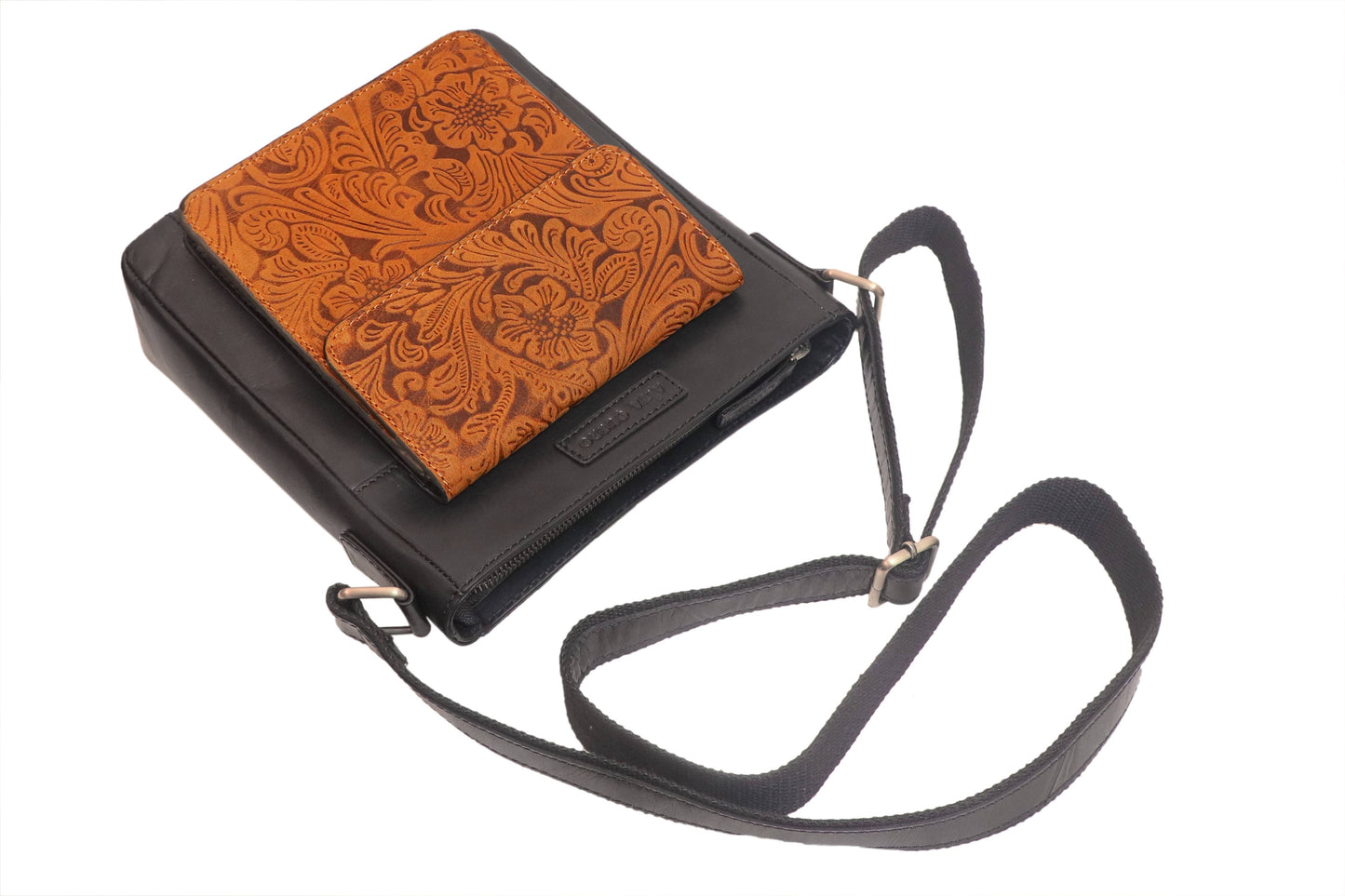 Leather Ladies Sling / Crossbody Bag Embossed Brown Leaf