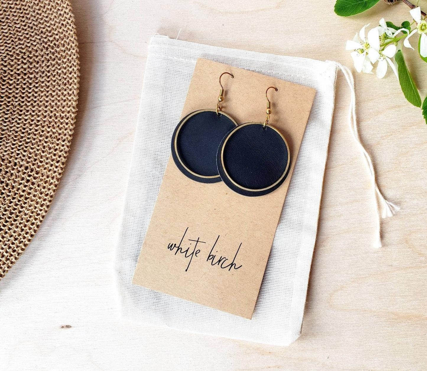 Black Leather Disc & Brass Circle Earrings: Raw Brass Hooks