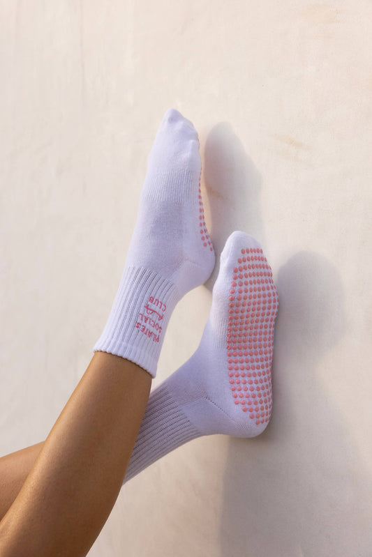 Pilates Social Club Grip Crew Socks: White / One Size