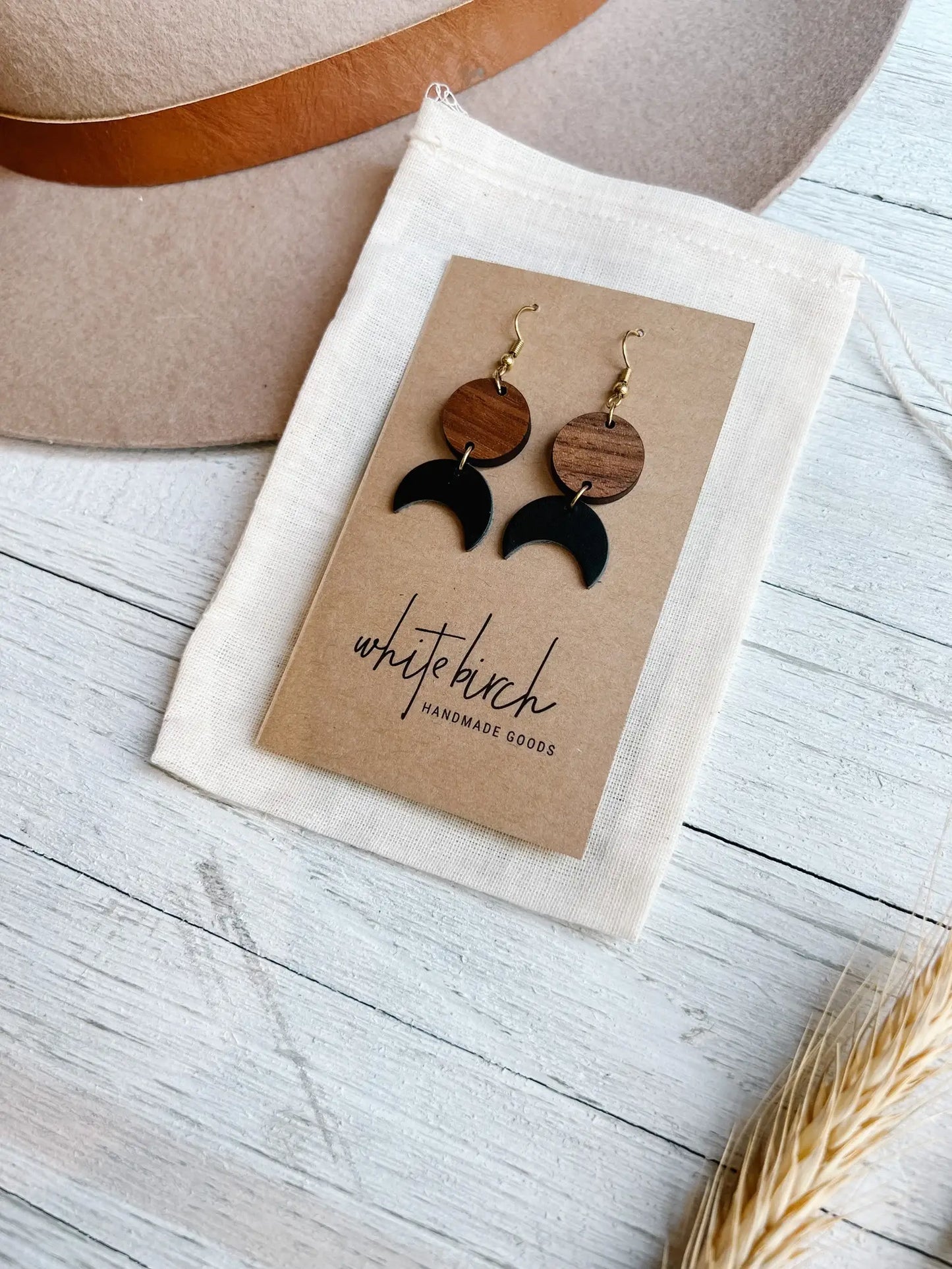 Black Leather Moon & Walnut Wood Circle Dangle Earrings: Raw Brass