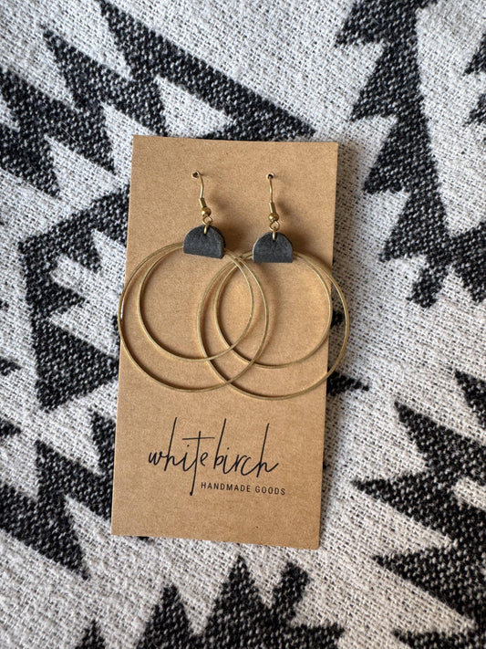 Matte Black Leather & Brass Circles Earrings: Brass