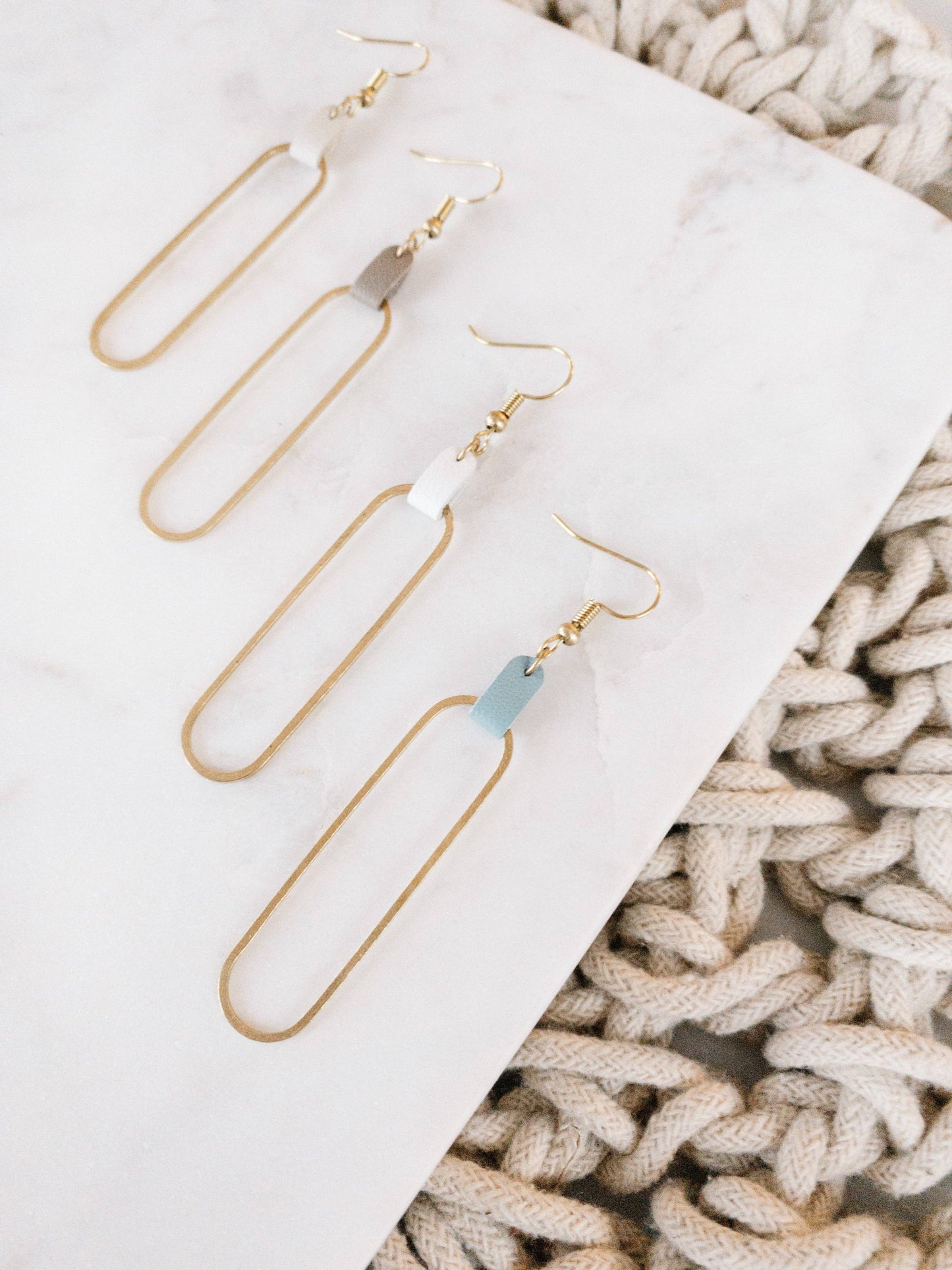 Latte Leather & Brass Oval Accent Earrings: Raw Brass Hooks