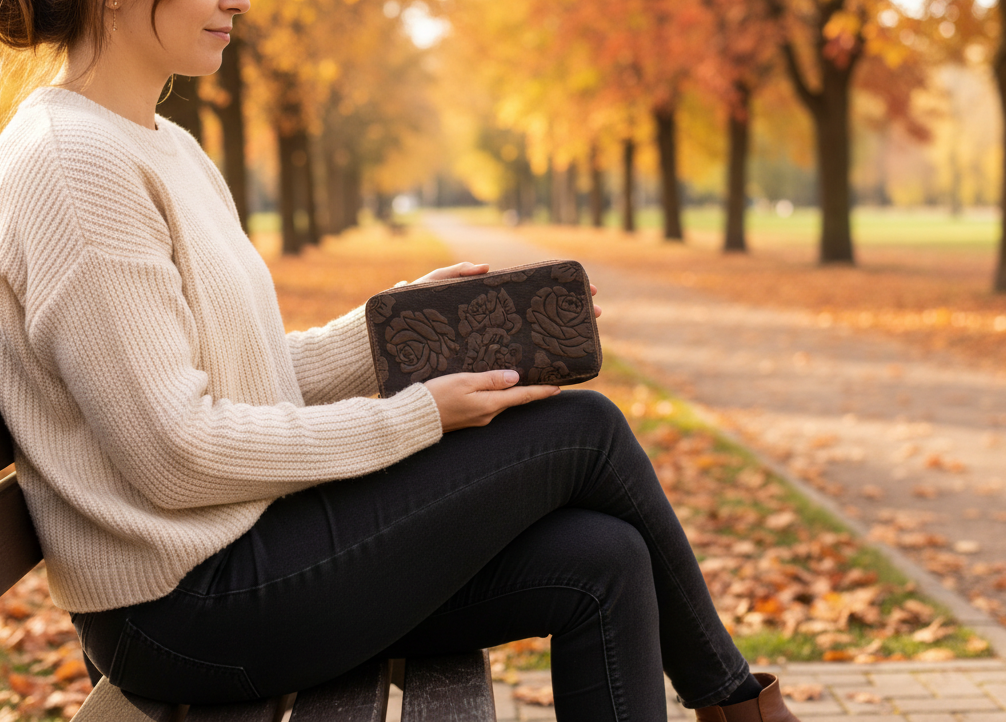 Leather Ladies Wallet Embossed RFID Protection - Brown Rose