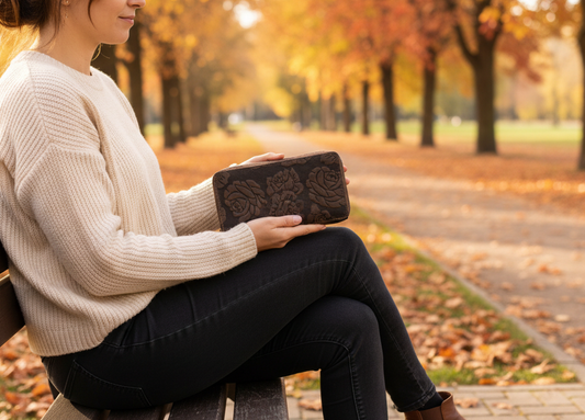Leather Ladies Wallet Embossed RFID Protection - Brown Rose